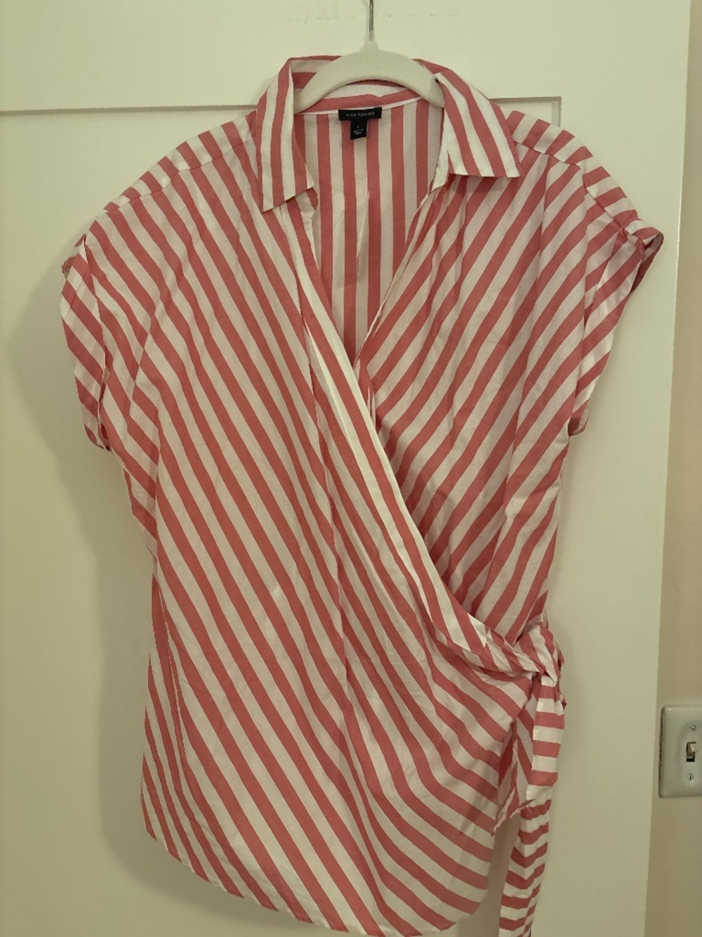 Ann Taylor red and white side tie, short sleeve striped blouse